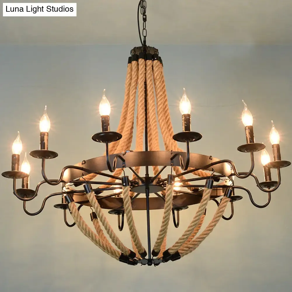 Industrial Rope Style Chandelier Pendant Lamp - Elegant Black Finish Candle Shape, Adjustable 39" Chain