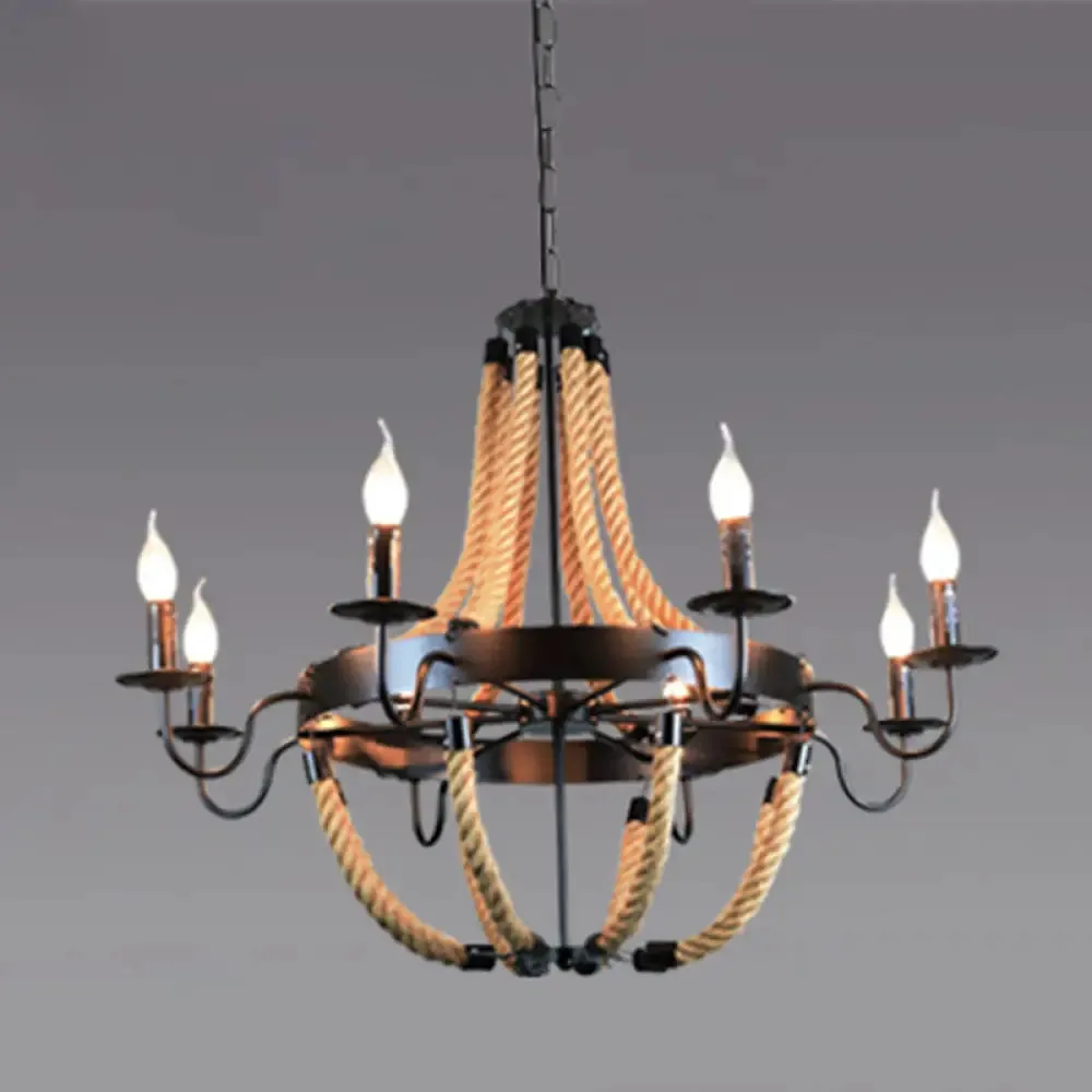 Industrial Rope Style Chandelier Pendant Lamp - Elegant Black Finish Candle Shape, Adjustable 39" Chain