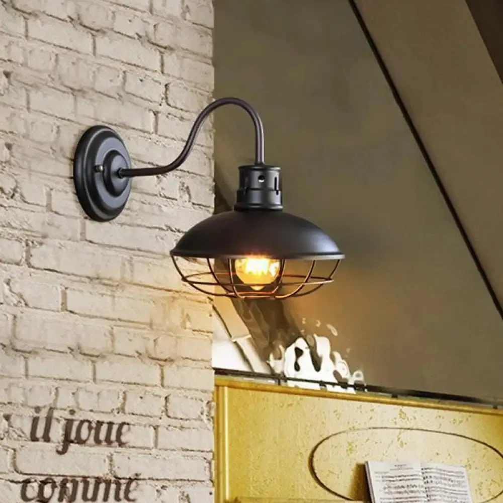 Industrial Style 1-Light Bistro Sconce Wall Light - Wide Bowl Iron Wall Lamp with Bottom Wire Cage in Black/Coffee