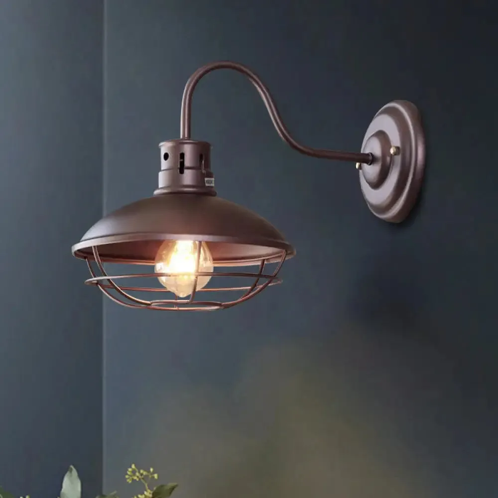 Industrial Style 1-Light Bistro Sconce Wall Light - Wide Bowl Iron Wall Lamp with Bottom Wire Cage in Black/Coffee