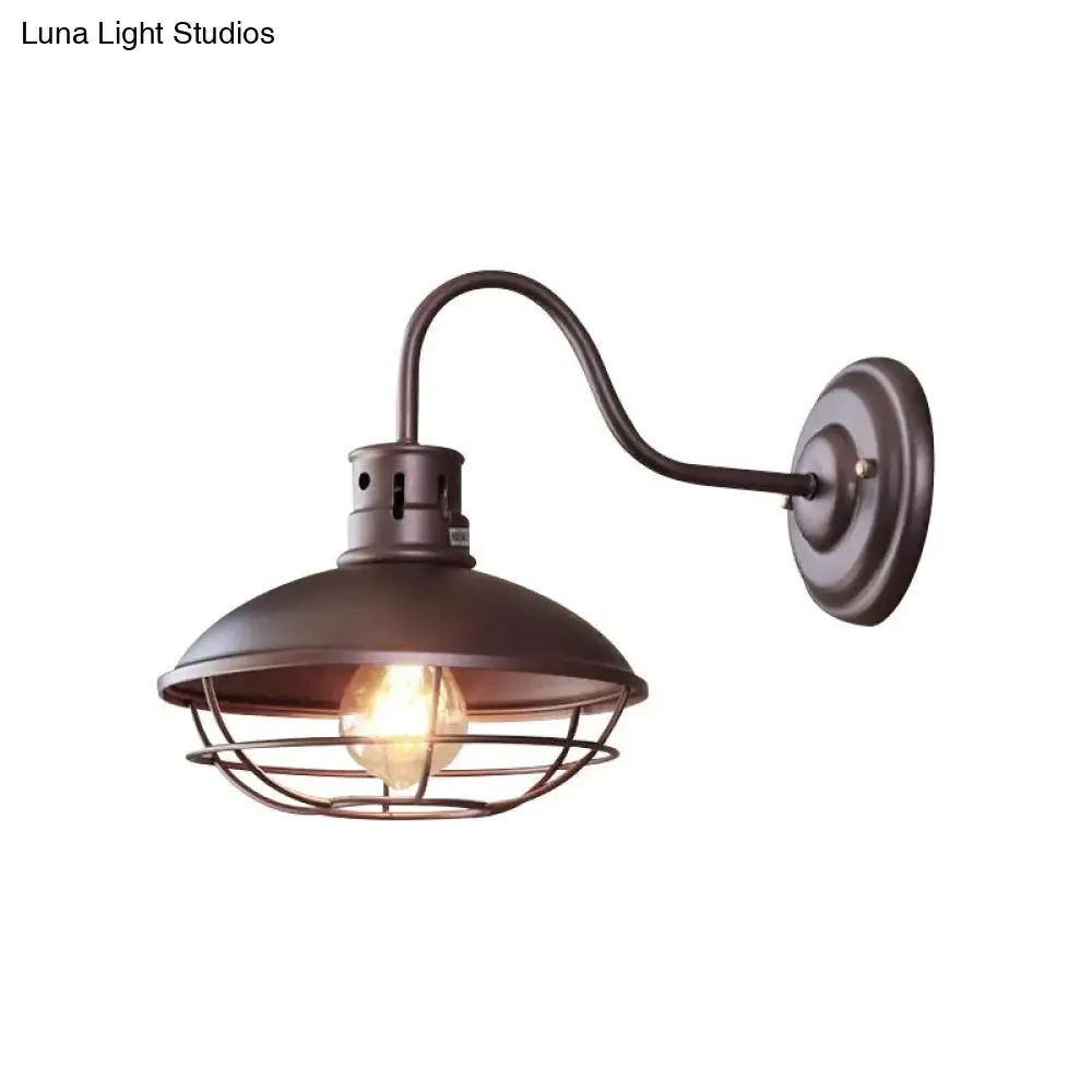 Industrial Style 1-Light Bistro Sconce Wall Light - Wide Bowl Iron Wall Lamp with Bottom Wire Cage in Black/Coffee