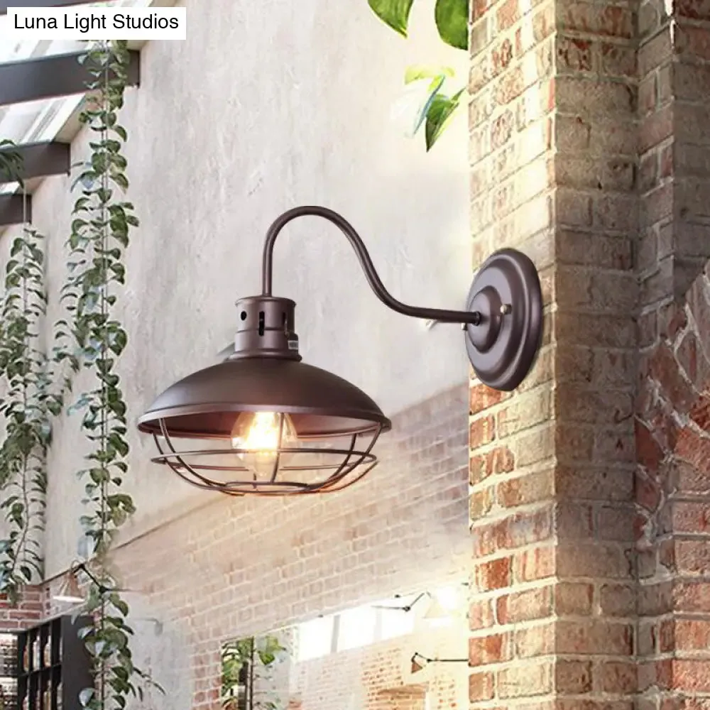 Industrial Style 1-Light Bistro Sconce Wall Light - Wide Bowl Iron Wall Lamp with Bottom Wire Cage in Black/Coffee