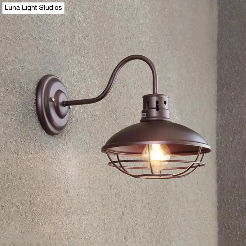 Industrial Style 1-Light Bistro Sconce Wall Light - Wide Bowl Iron Wall Lamp with Bottom Wire Cage in Black/Coffee