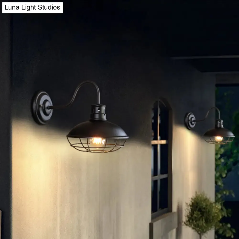 Industrial Style 1-Light Bistro Sconce Wall Light - Wide Bowl Iron Wall Lamp with Bottom Wire Cage in Black/Coffee