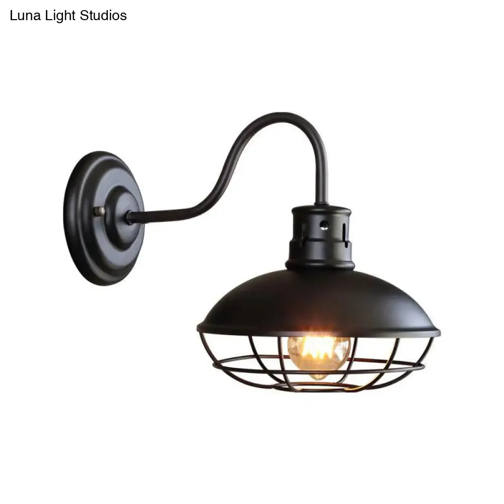 Industrial Style 1-Light Bistro Sconce Wall Light - Wide Bowl Iron Wall Lamp with Bottom Wire Cage in Black/Coffee