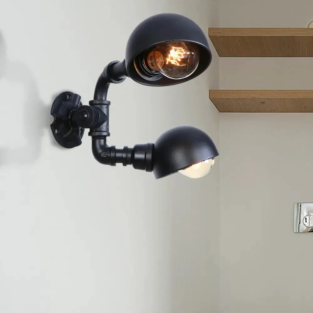 Industrial Style Black Wall Sconce Lamp with 2 Bulbs and Metallic Domed Design for Corridor