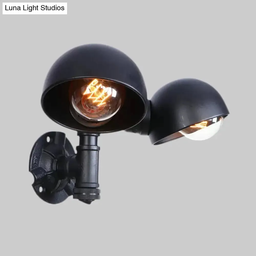 Industrial Style Black Wall Sconce Lamp with 2 Bulbs and Metallic Domed Design for Corridor