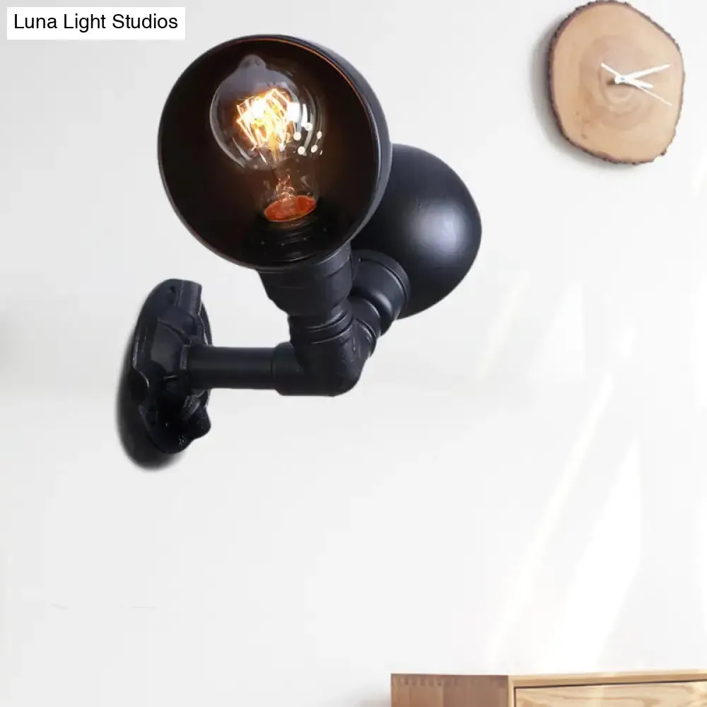 Industrial Style Black Wall Sconce Lamp with 2 Bulbs and Metallic Domed Design for Corridor