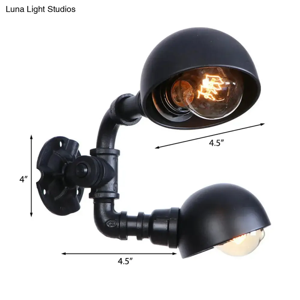 Industrial Style Black Wall Sconce Lamp with 2 Bulbs and Metallic Domed Design for Corridor