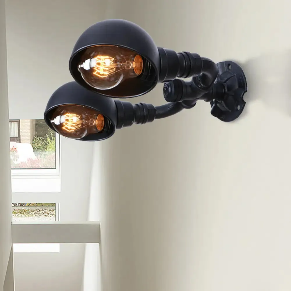 Industrial Style Black Wall Sconce Lamp with 2 Bulbs and Metallic Domed Design for Corridor