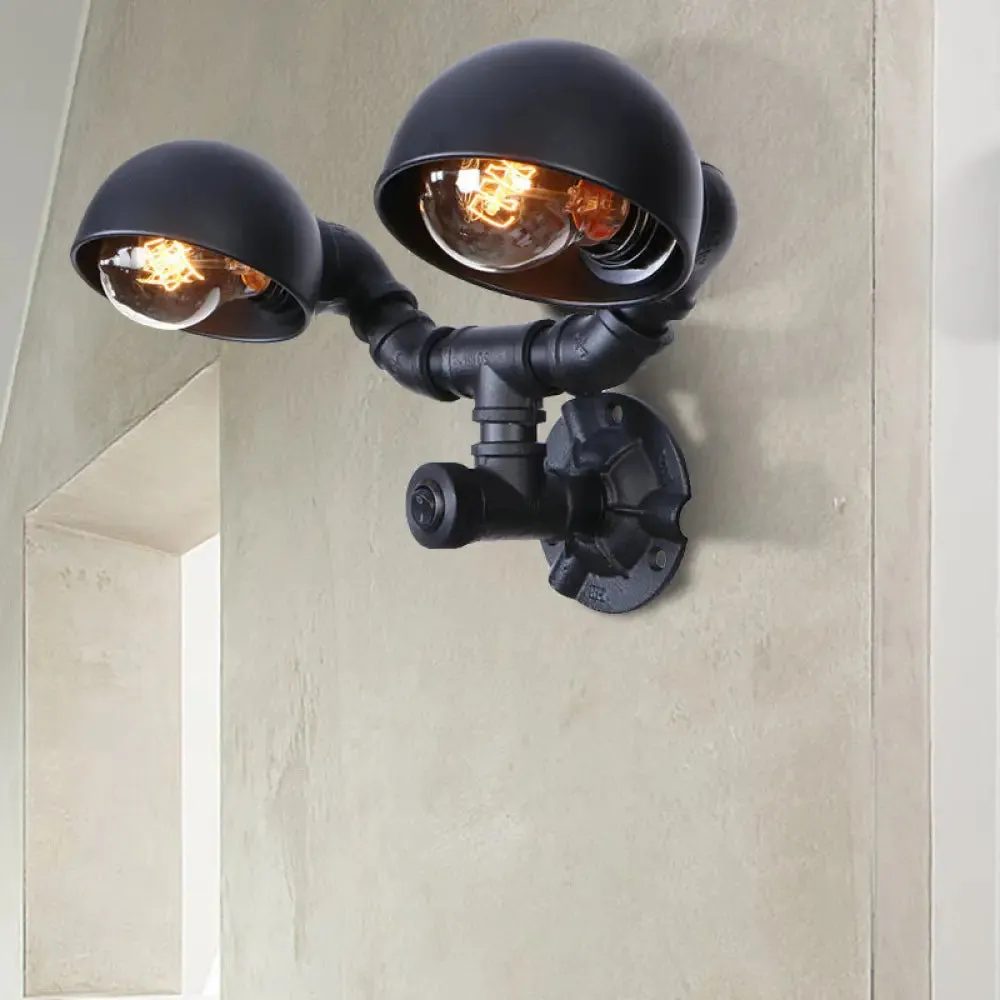 Industrial Style Black Wall Sconce Lamp with 2 Bulbs and Metallic Domed Design for Corridor