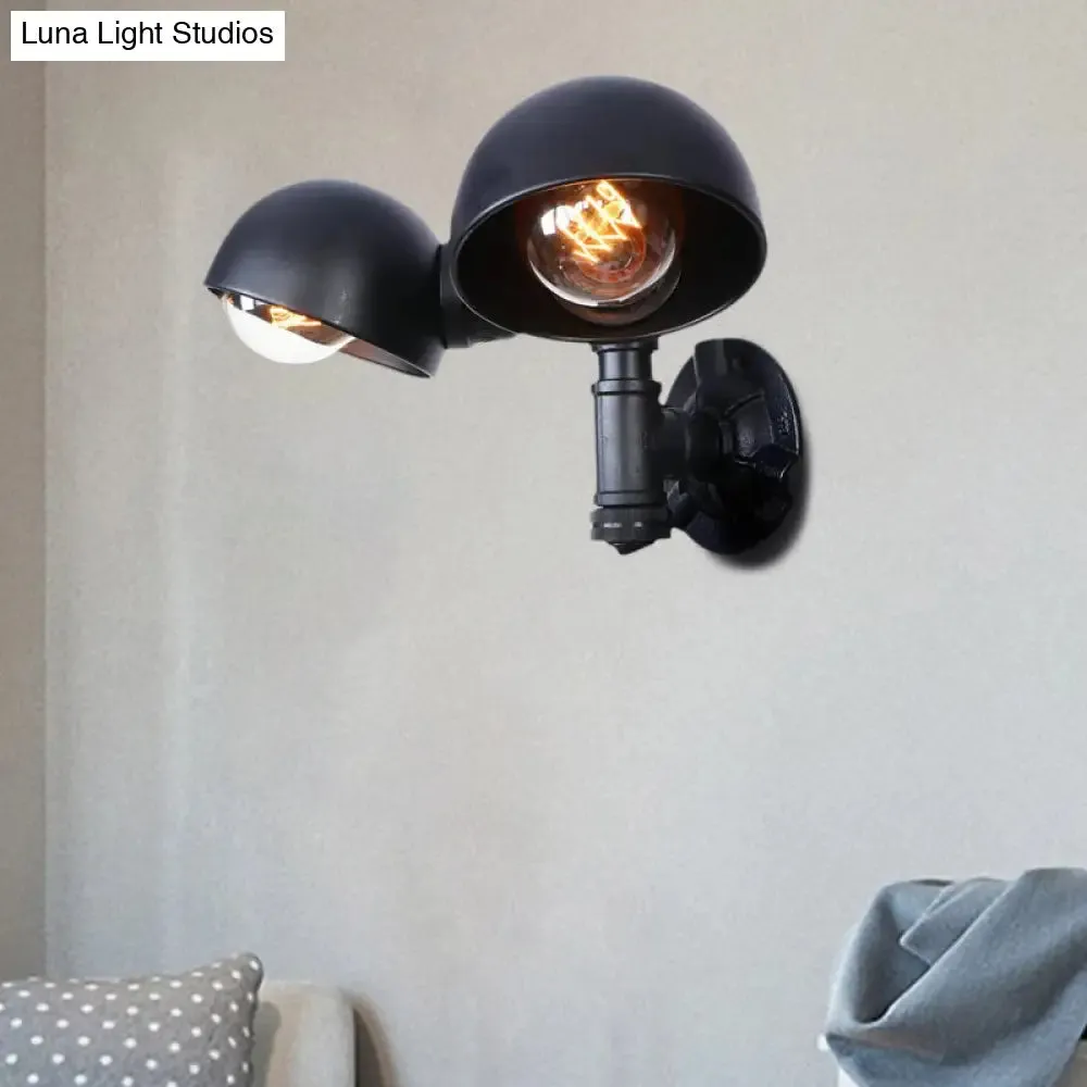 Industrial Style Black Wall Sconce Lamp with 2 Bulbs and Metallic Domed Design for Corridor