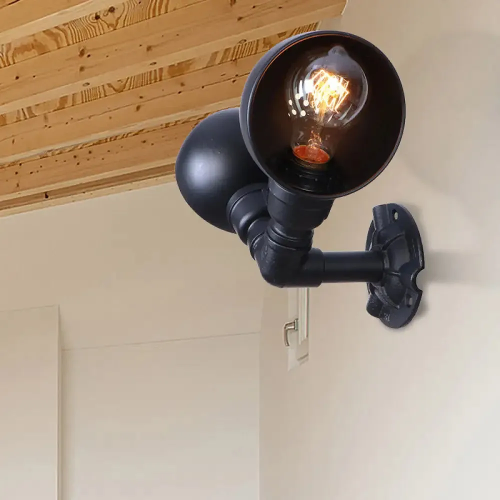 Industrial Style Black Wall Sconce Lamp with 2 Bulbs and Metallic Domed Design for Corridor