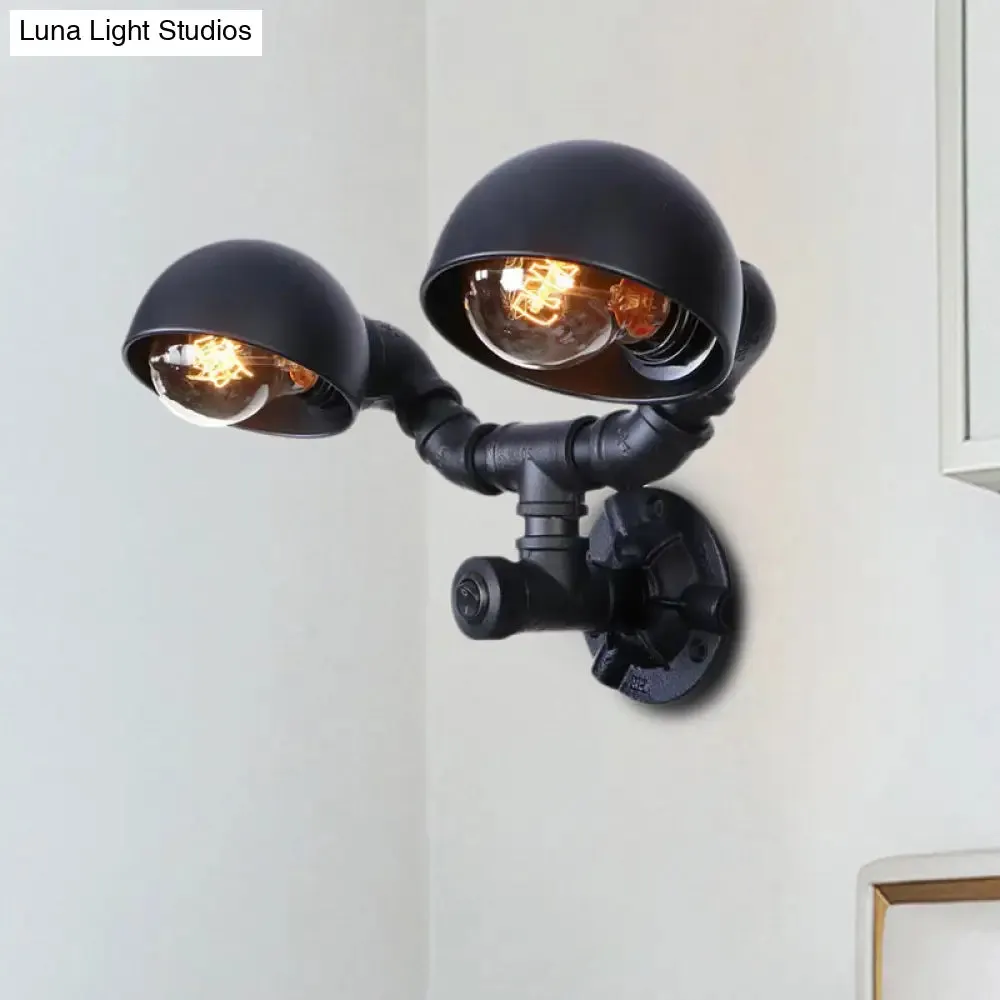 Industrial Style Black Wall Sconce Lamp with 2 Bulbs and Metallic Domed Design for Corridor