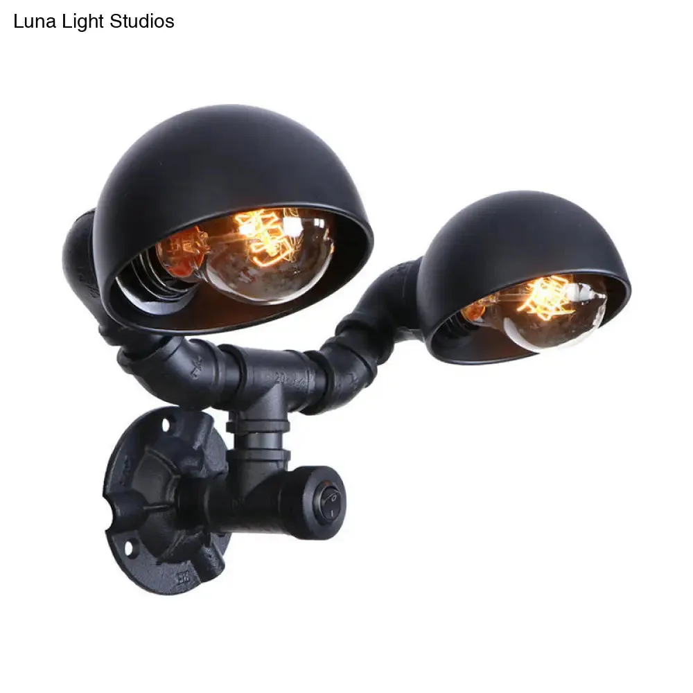 Industrial Style Black Wall Sconce Lamp with 2 Bulbs and Metallic Domed Design for Corridor