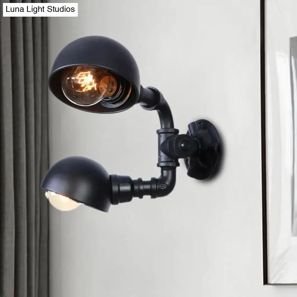 Industrial Style Black Wall Sconce Lamp with 2 Bulbs and Metallic Domed Design for Corridor