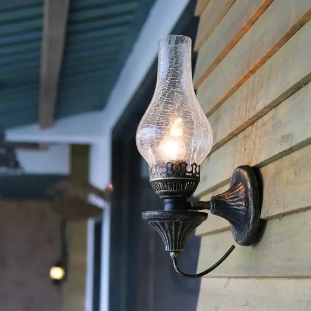 Industrial Textured White/Clear/Yellow Crackle Glass Wall Light Fixture - Vase Courtyard Design, 1 Bulb, Black