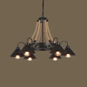 Industrial Vintage Large Chandelier with Rope and Metal Cone Shade - Perfect for Coffee Shop Pendant Lighting