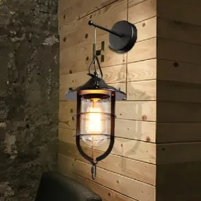 Industrial Wall Mounted Light with Clear Glass for Porch: Caged Black Bulb Fixture