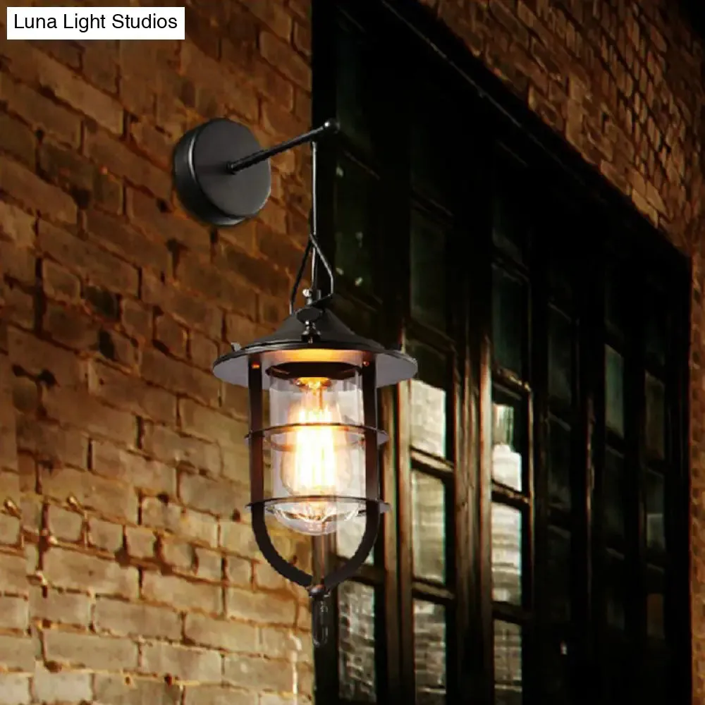 Industrial Wall Mounted Light with Clear Glass for Porch: Caged Black Bulb Fixture