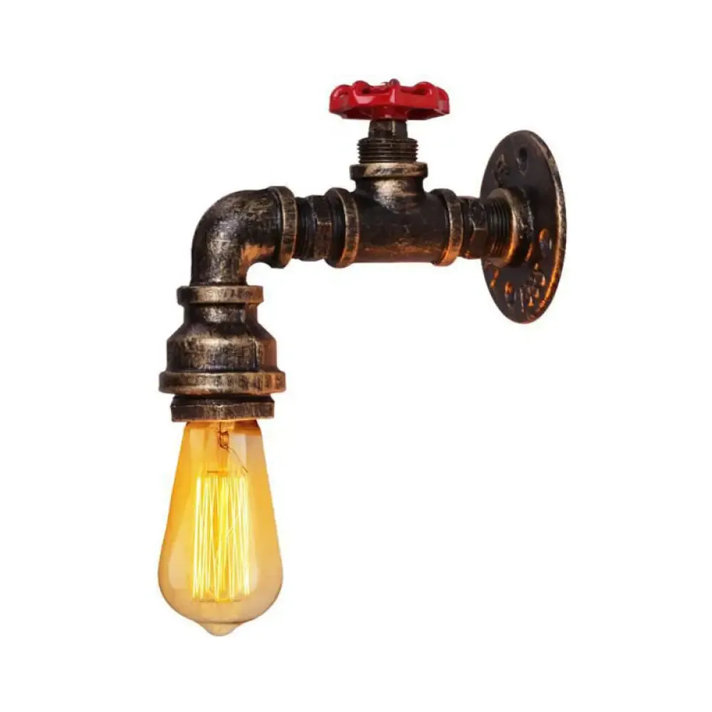 L-Shaped Industrial Iron Single-Bulb Wall Light with Valve Deco - Silver/Brass/Bronze Finish | Bistro Pipe Wall Mount Lamp