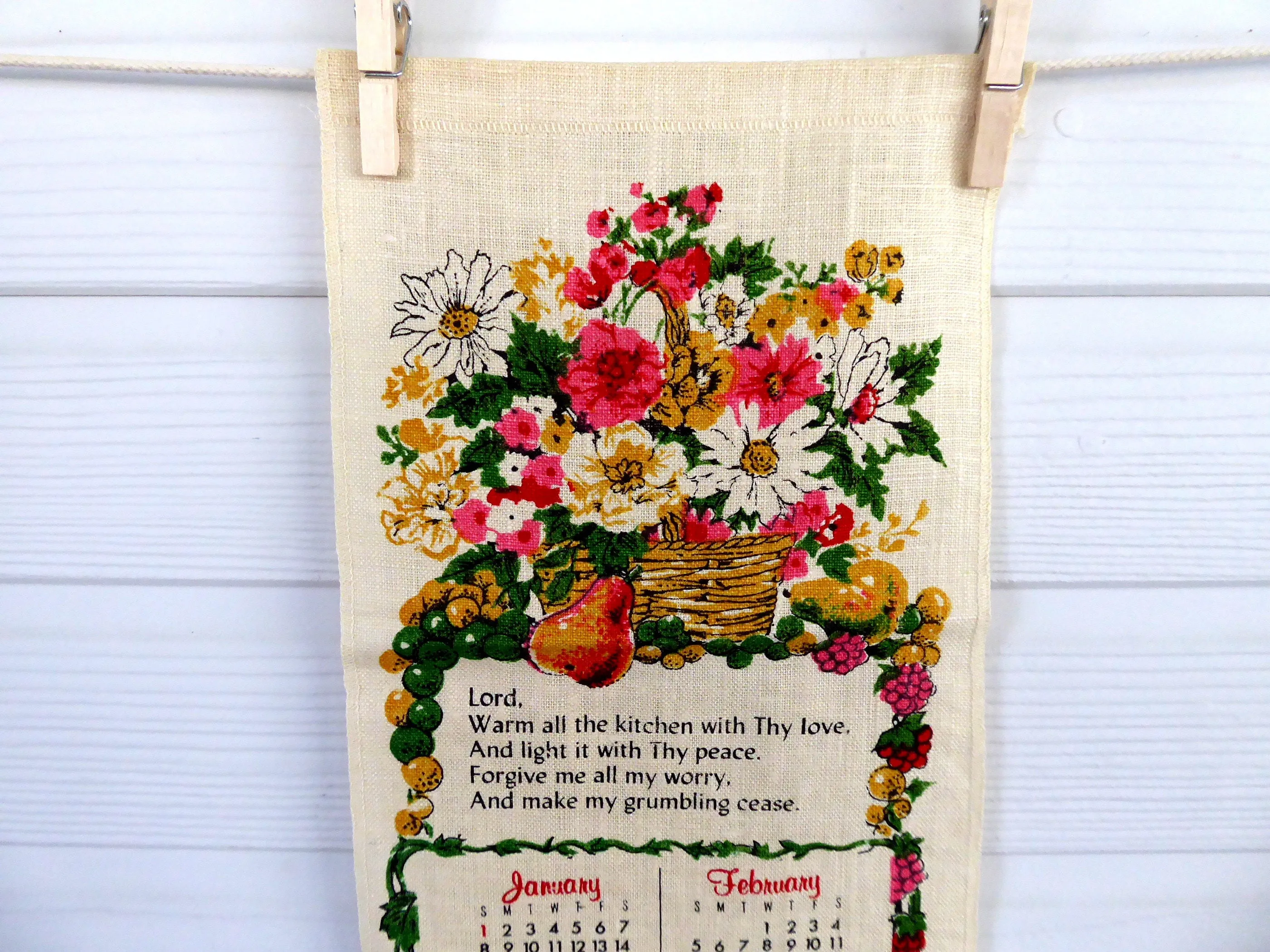 Linen Kitchen Prayer Long Calendar Towel 1978 Mid Century Colors Retro Kitchen Decor