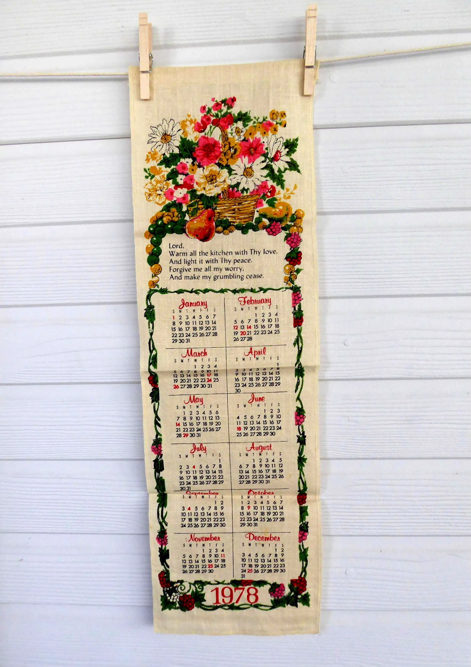 Linen Kitchen Prayer Long Calendar Towel 1978 Mid Century Colors Retro Kitchen Decor