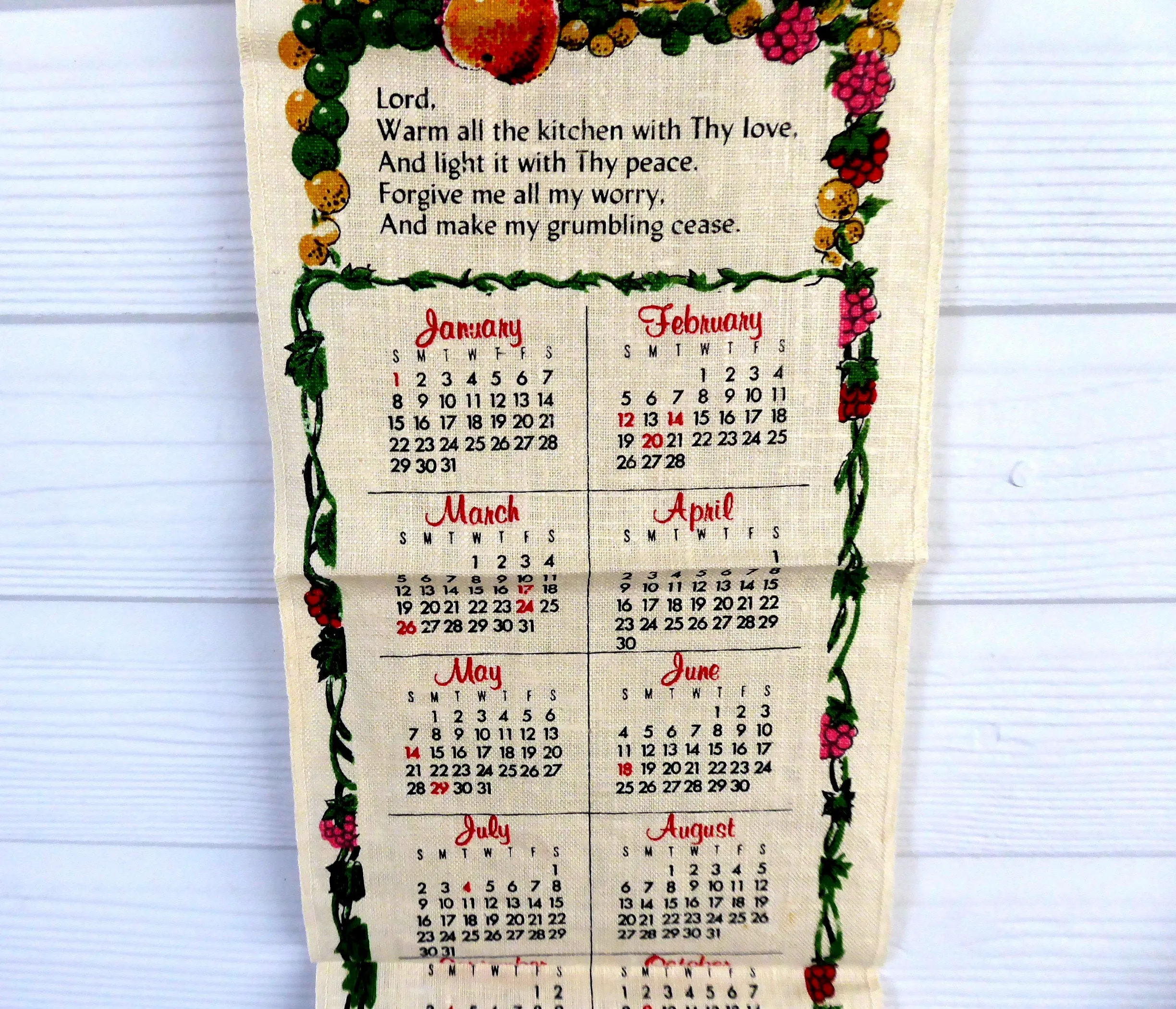 Linen Kitchen Prayer Long Calendar Towel 1978 Mid Century Colors Retro Kitchen Decor