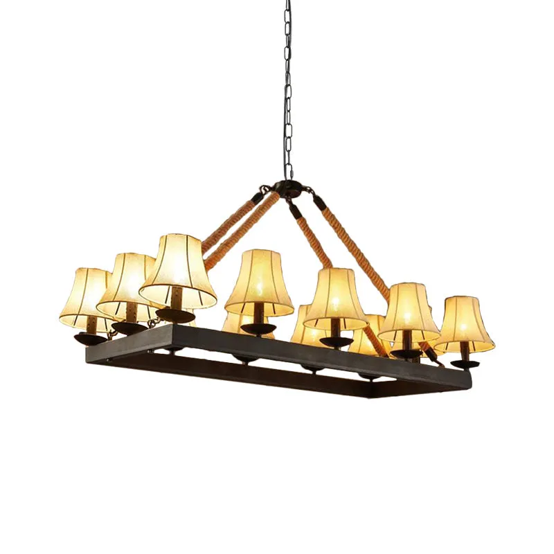 Loft Style Black Fabric Island Lamp with 12 Lights, Rope Pendant, and Iron Rectangle Frame - Ideal for Restaurants