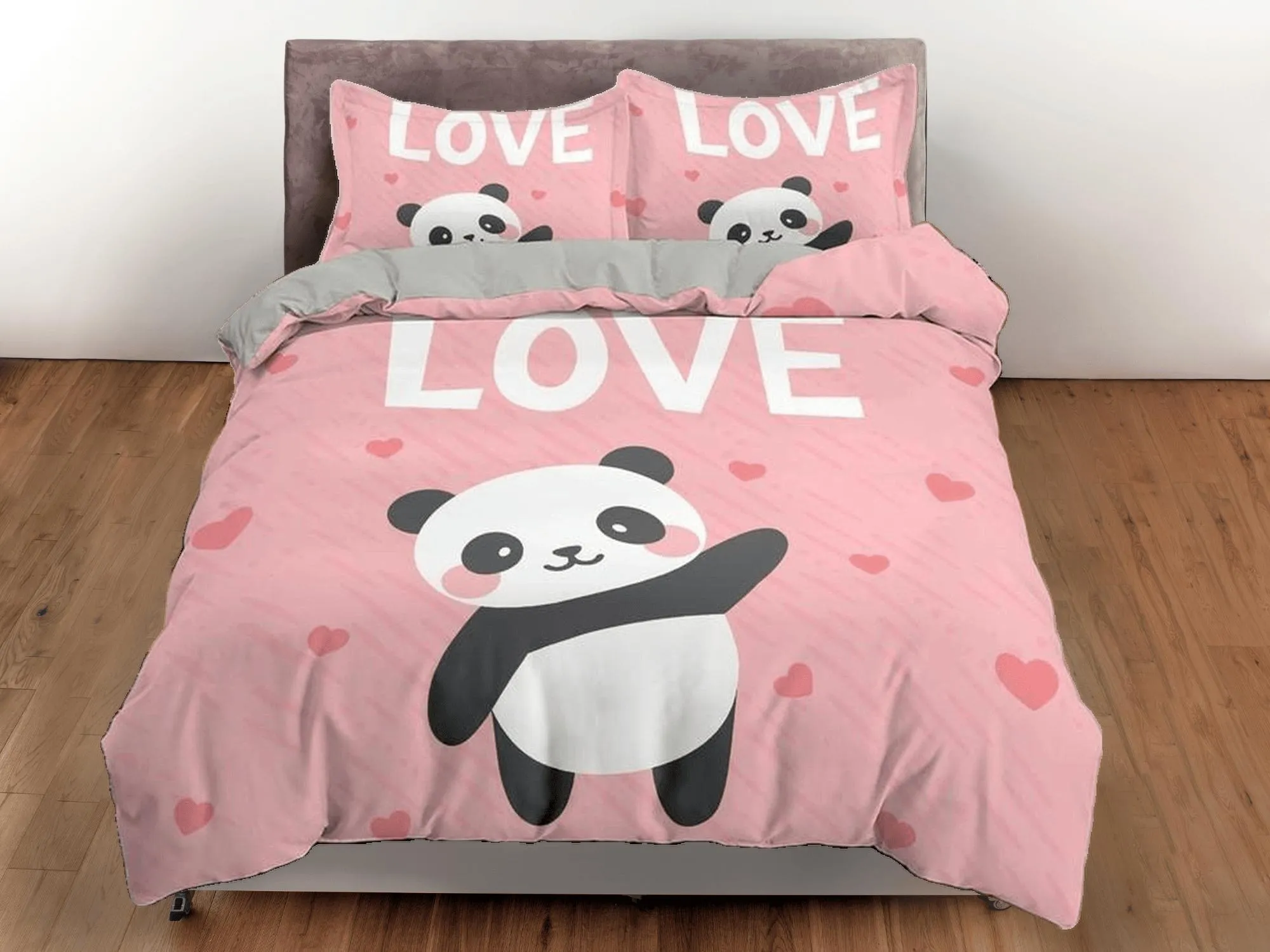 Love panda pink duvet cover set for kids, bedding set full, king, queen, dorm bedding, toddler bedding aesthetic panda lovers gift