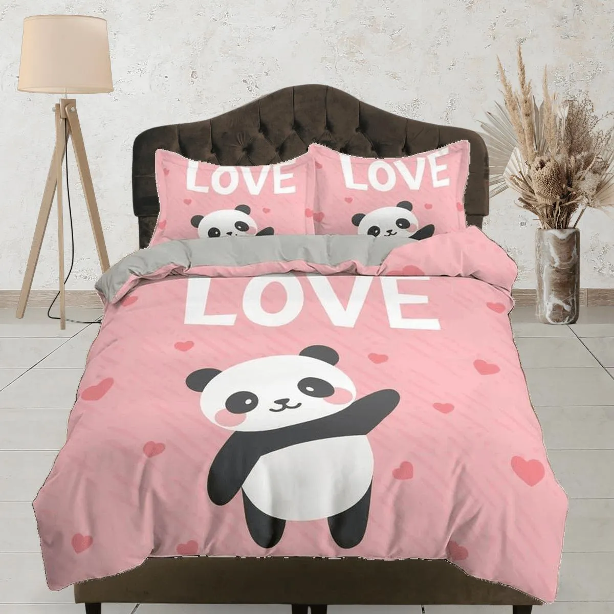 Love panda pink duvet cover set for kids, bedding set full, king, queen, dorm bedding, toddler bedding aesthetic panda lovers gift