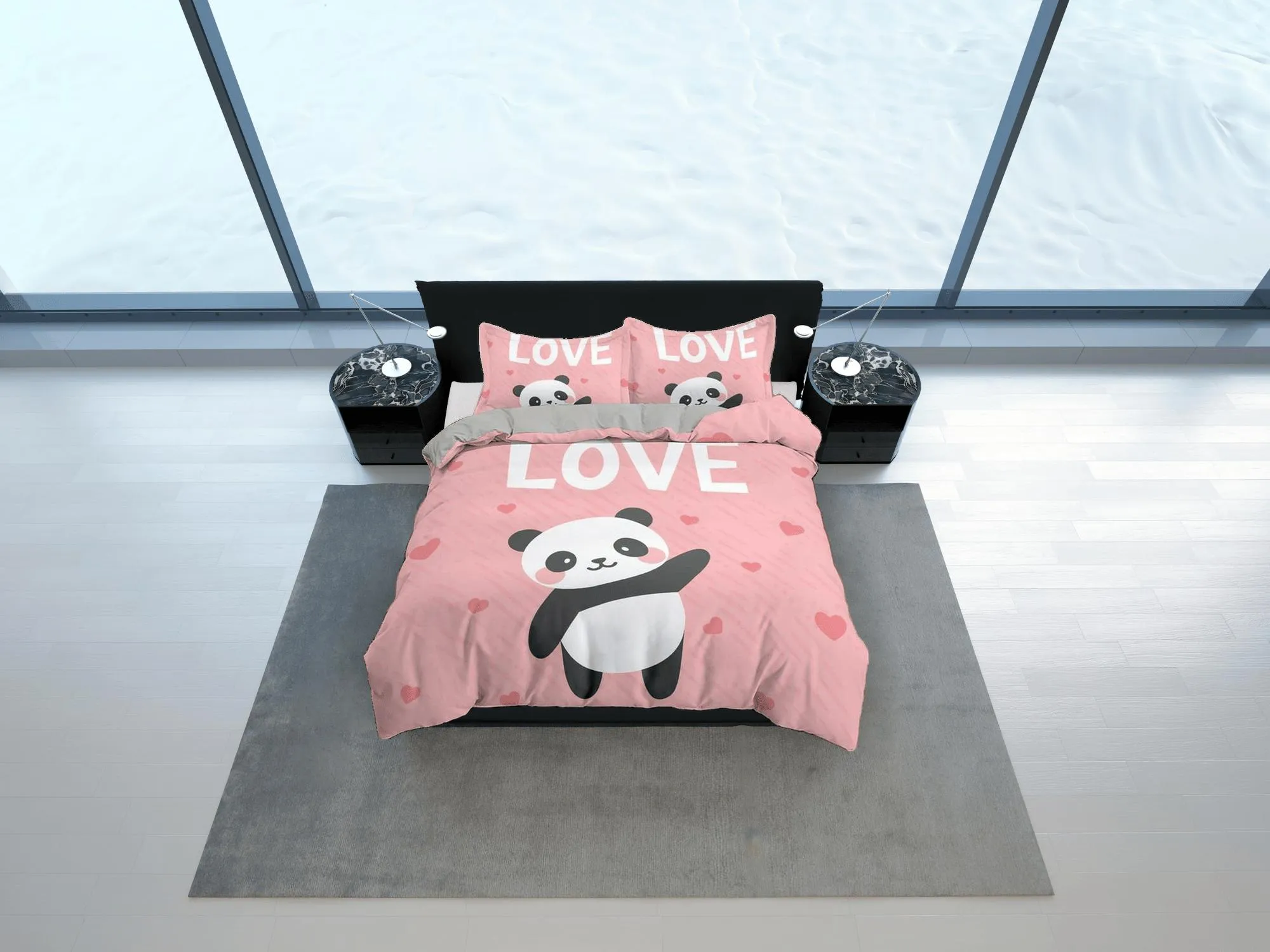 Love panda pink duvet cover set for kids, bedding set full, king, queen, dorm bedding, toddler bedding aesthetic panda lovers gift