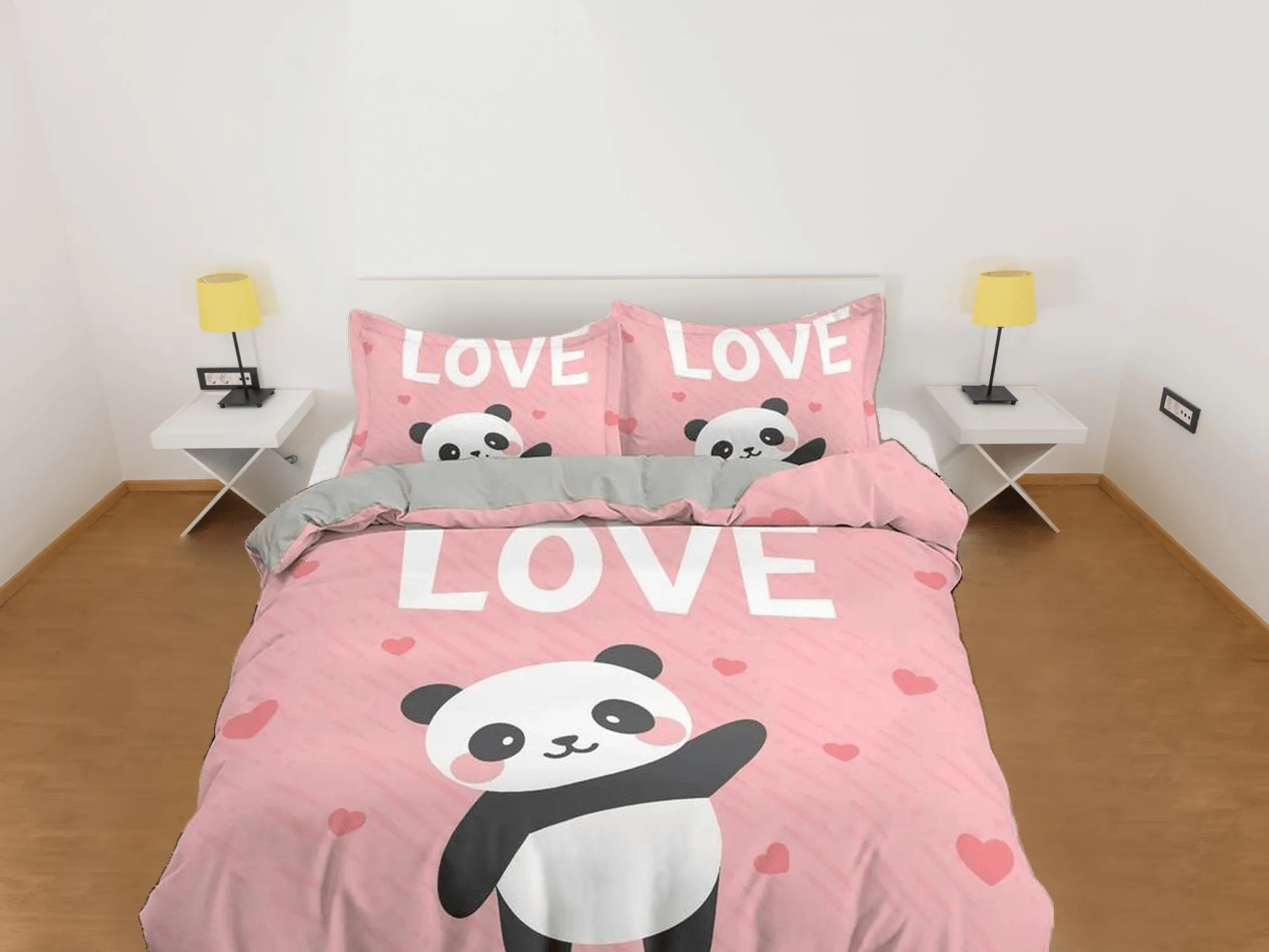 Love panda pink duvet cover set for kids, bedding set full, king, queen, dorm bedding, toddler bedding aesthetic panda lovers gift