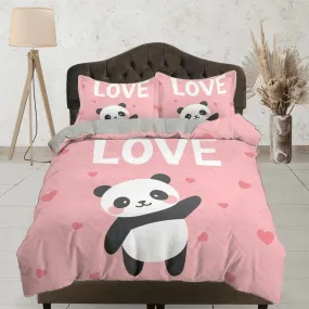 Love panda pink duvet cover set for kids, bedding set full, king, queen, dorm bedding, toddler bedding aesthetic panda lovers gift