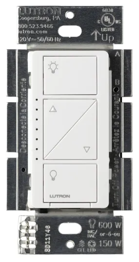 Lutron Caseta PD-6WCL-WH-R Smart Lighting Dimmer, 1 -Pole, 120 V, 434 MHz, White :EA: QUANTITY: 1