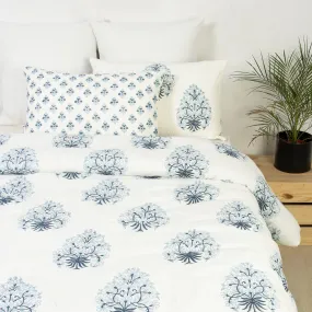 Luxury Sky Blue Hand Block Floral Print Queen Size Duvet Cover With Shams