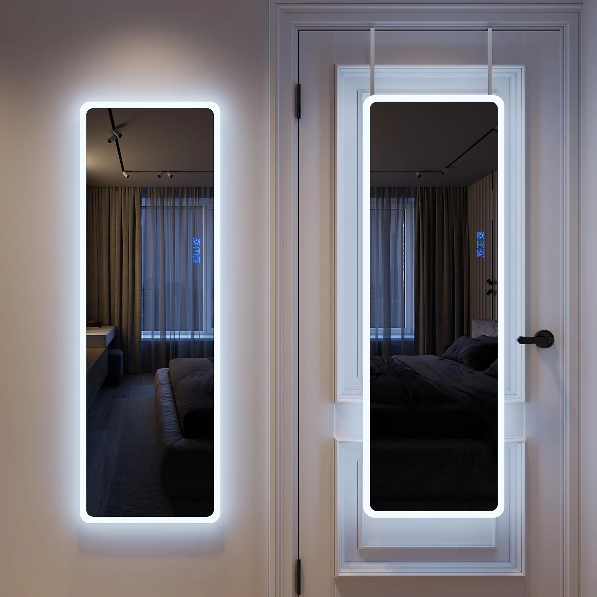 LVSOMT Full Length Mirror with LED Lights, RGB Full Body Mirror, Wall Mounted Lighted Mirror, Over The Door Hanging Mirror, 14 LED Light   Dimmable Brightness   Adjustable Speed, 47" x 16"