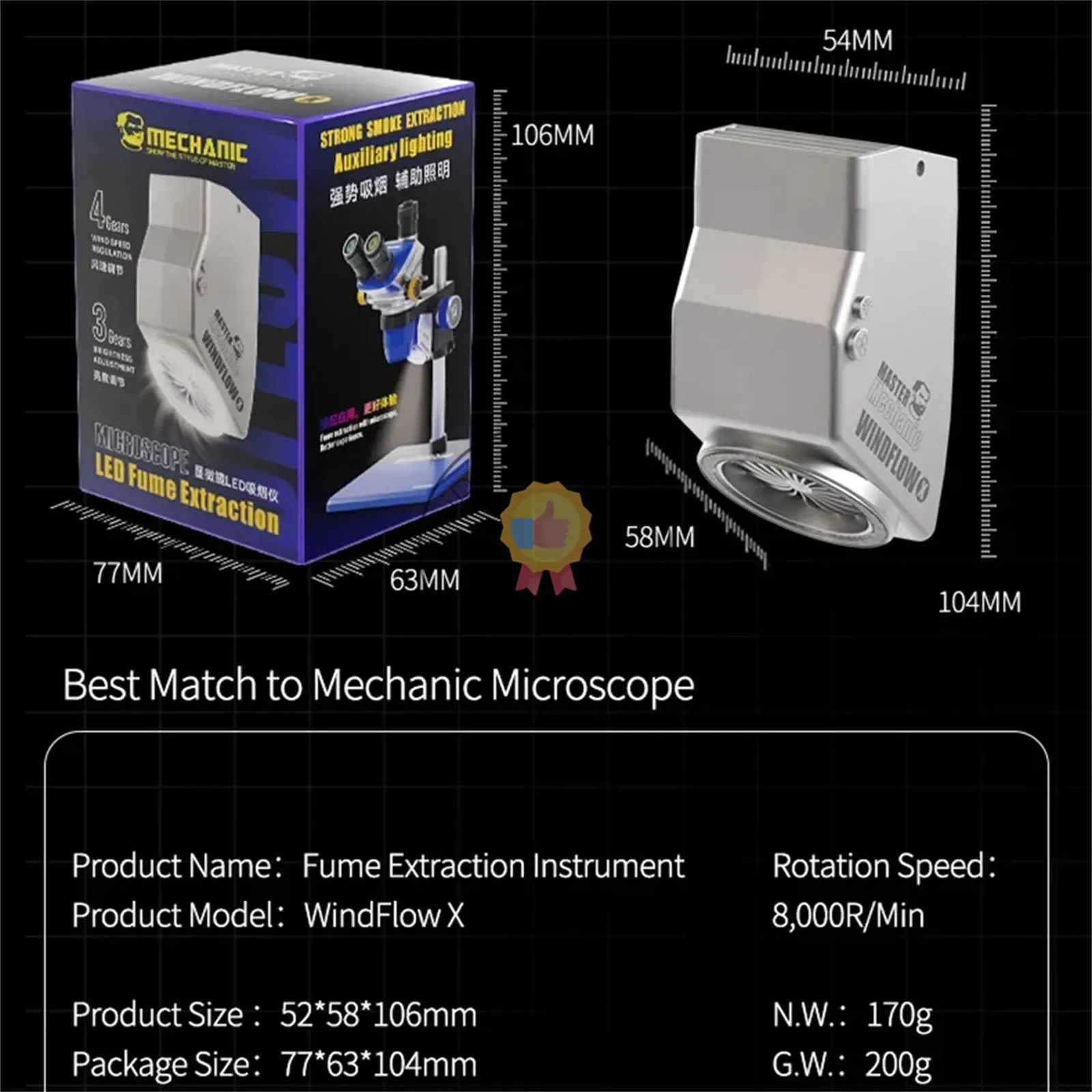 Mechanic WindFlow X Exhaust Fan with Light Powerful Smoke Exhaust Tool Suitable for Microscopes Welding and Repair of Phone PCB