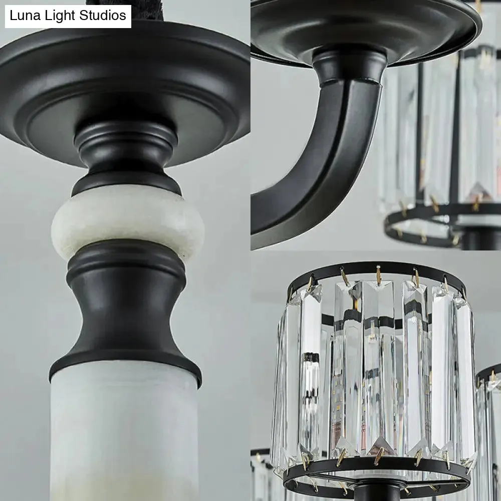 Mid Century Crystal Cylinder Chandelier: Black Hanging Light Kit with Adjustable Rope & 3/6 Bulbs