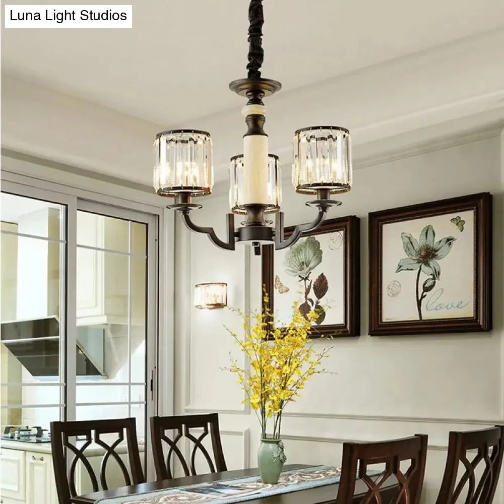 Mid Century Crystal Cylinder Chandelier: Black Hanging Light Kit with Adjustable Rope & 3/6 Bulbs