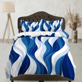 Mid century modern bedroom art set white and blue duvet cover, aesthetic room decor boho chic bedding set full, colorful maximalist retro