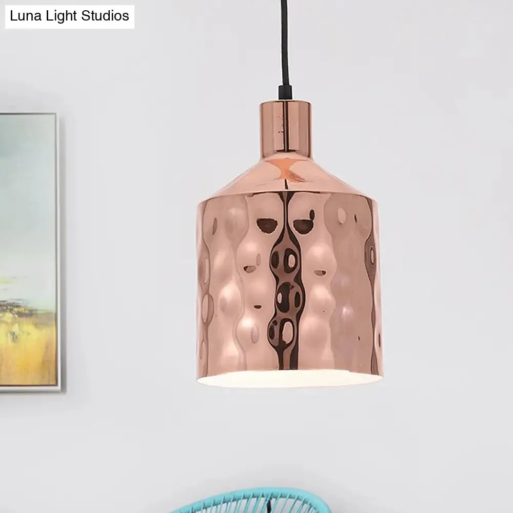 Mid Century Rose Gold Iron Pendant Light with Dimpled Cylindrical Shade