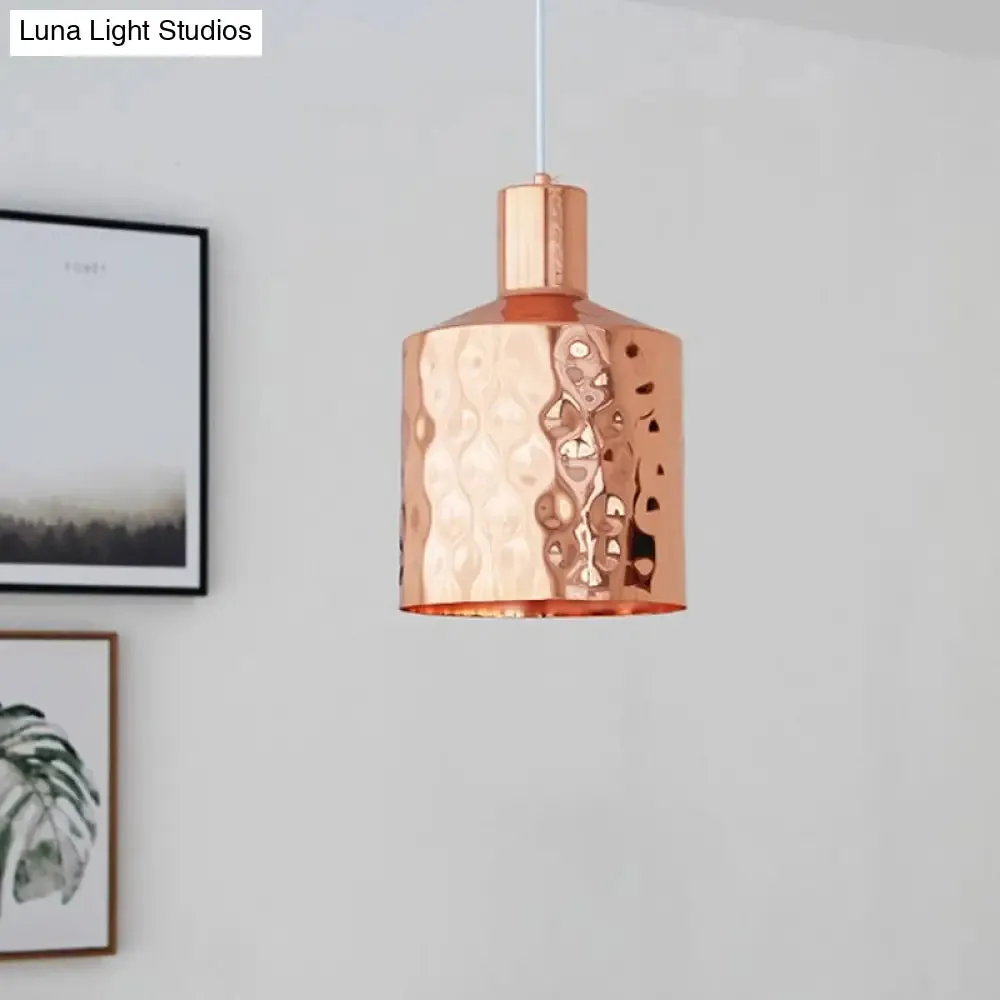 Mid Century Rose Gold Iron Pendant Light with Dimpled Cylindrical Shade