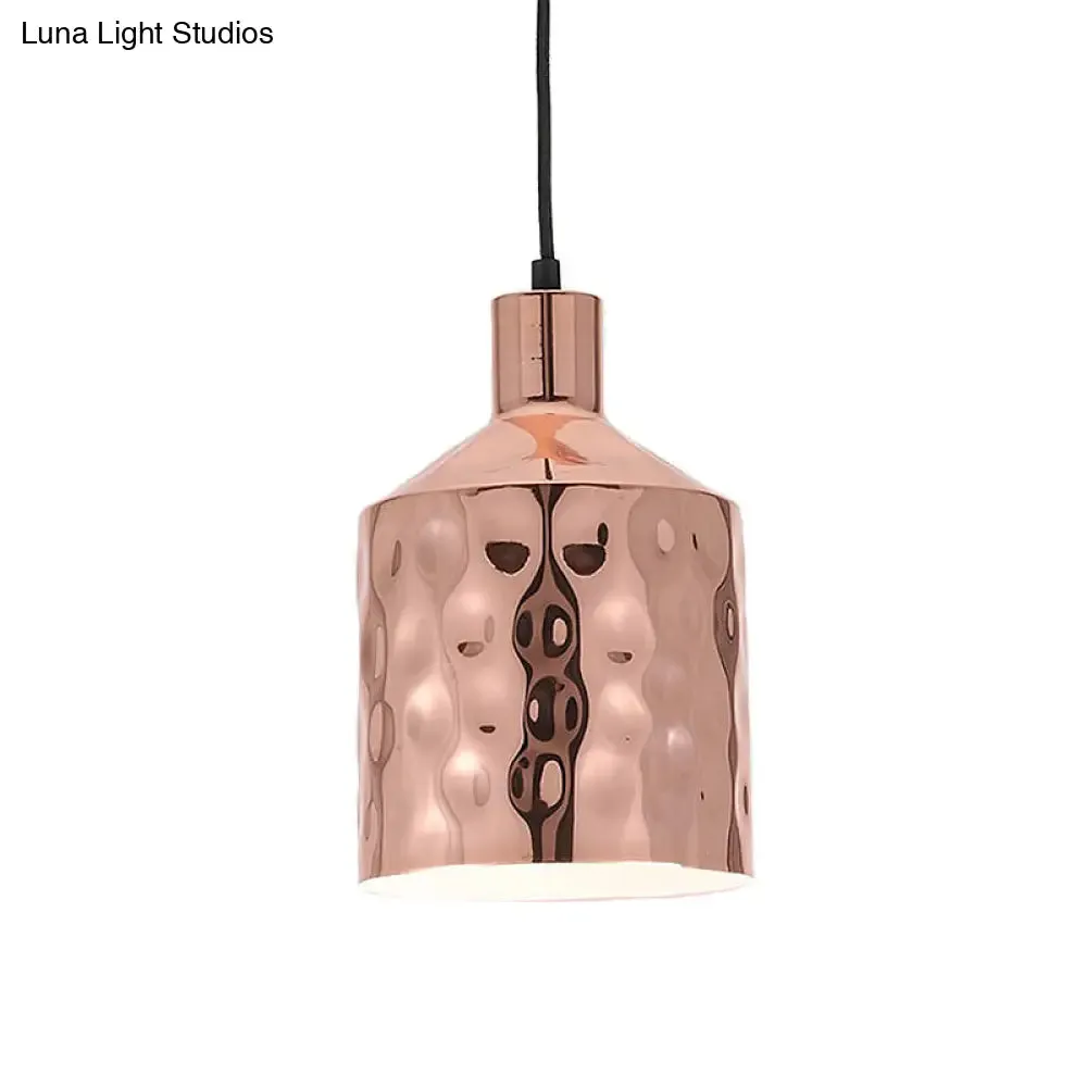 Mid Century Rose Gold Iron Pendant Light with Dimpled Cylindrical Shade