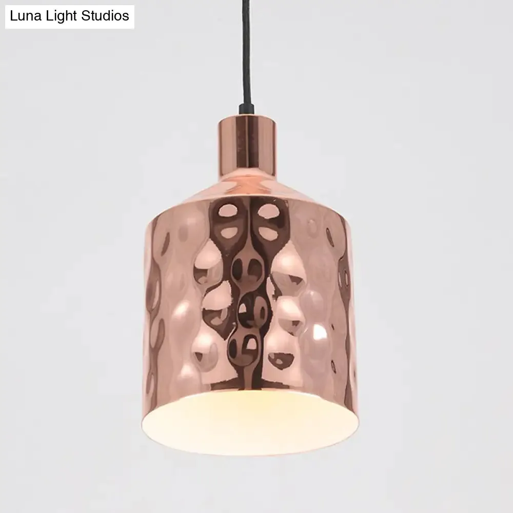 Mid Century Rose Gold Iron Pendant Light with Dimpled Cylindrical Shade