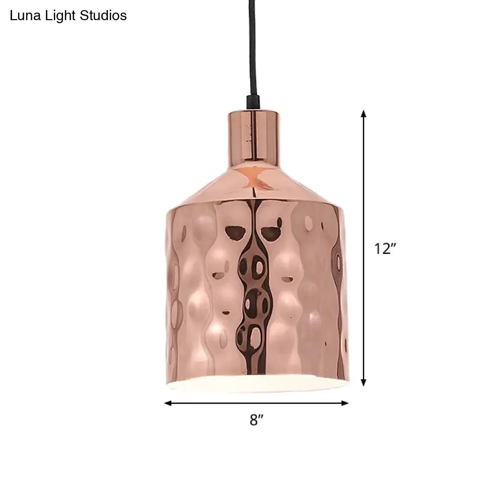 Mid Century Rose Gold Iron Pendant Light with Dimpled Cylindrical Shade