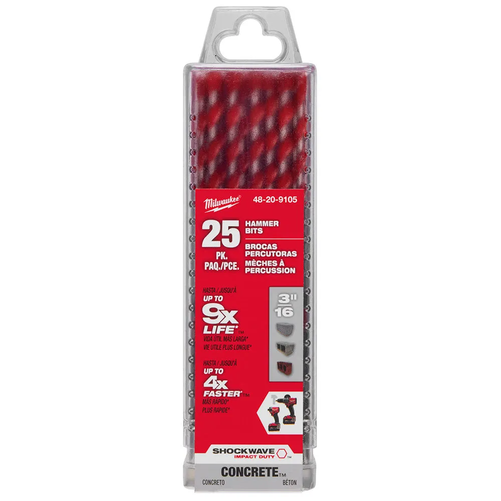 Milwaukee 48-20-9105 3/16" x 2" x 4" SHOCKWAVE™ Carbide Hammer Drill Bit Bulk 25PK