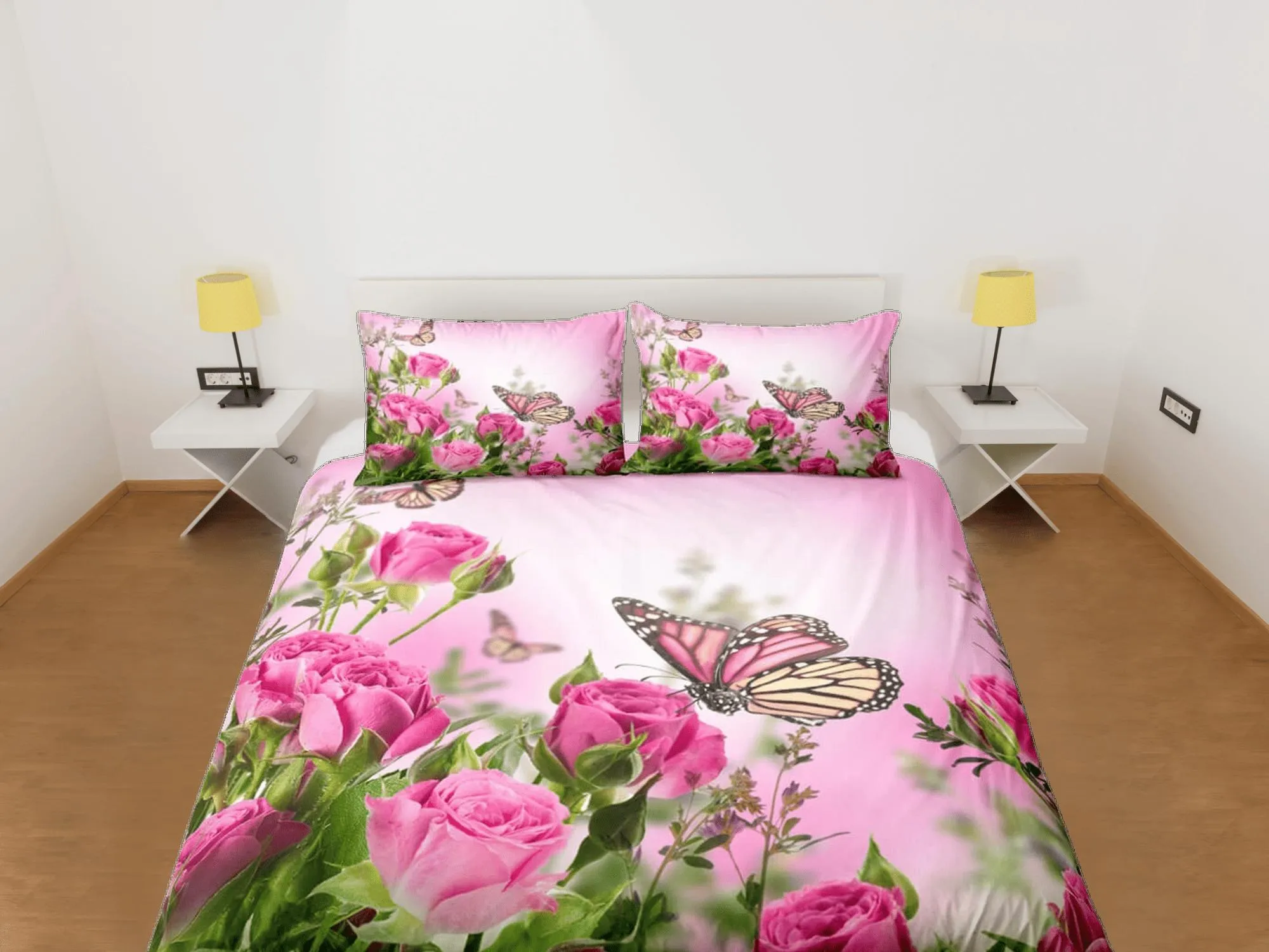 Monarch butterfly roses bedding pink duvet cover boho chic dorm bedding full size adult duvet king queen twin, nursery toddler bedding