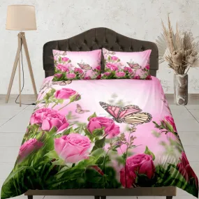 Monarch butterfly roses bedding pink duvet cover boho chic dorm bedding full size adult duvet king queen twin, nursery toddler bedding