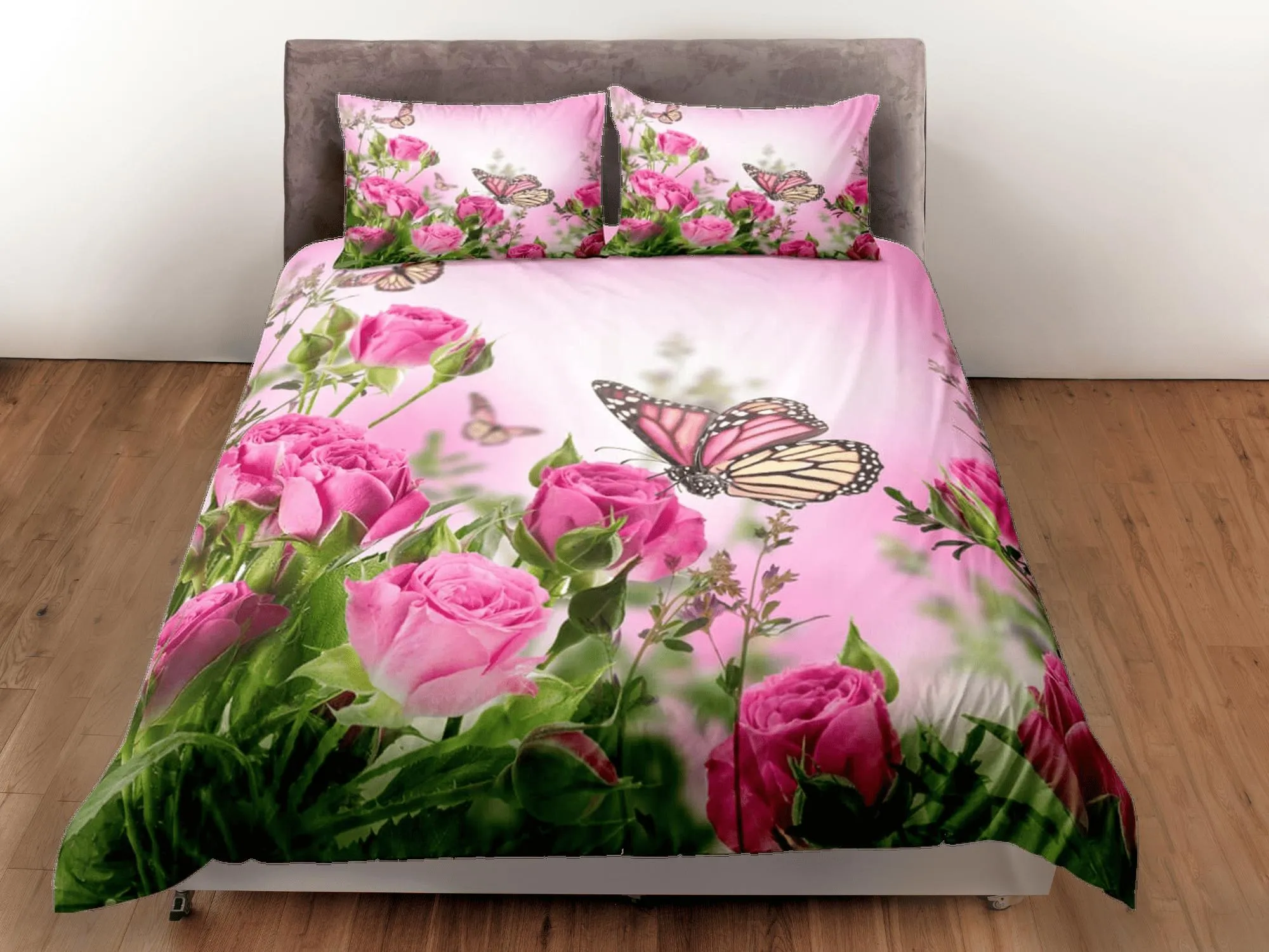 Monarch butterfly roses bedding pink duvet cover boho chic dorm bedding full size adult duvet king queen twin, nursery toddler bedding